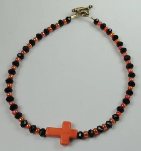 Fußkettchen schwarz & orange Perlen Howlith religiös Kreuz Handarbeit Fußschmuck - Bild 1 von 2