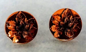 Round Vintage 1960s Copper Clip Back Earrings With Leaves Double Leaf Motif - Picture 1 of 4