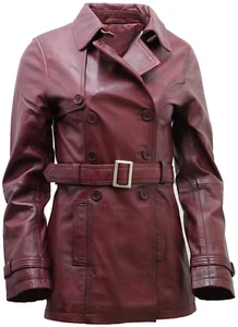 Women's 3/4 Burgundy Ladies Lamb Nappa Leather Trench Coat - Picture 1 of 8