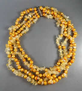 STERLING SILVER Beaded Necklace GOLDEN ORANGE PEARLS Citrine Chips FOUR STRAND - Picture 1 of 7