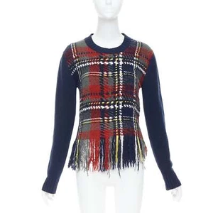 DIOR navy red plaid tartan cashmere silk fringe hem sweater FR36 S - Picture 1 of 9