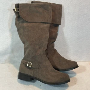 SM New York Knee Boots Tan Women’s Size 6 Vegan Cuffs Low Heel Buckle - Picture 1 of 12