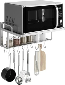 AcornFort K‑101 2‑Tier Silver Aluminum Microwave Rack with 10 Hooks - Picture 1 of 4