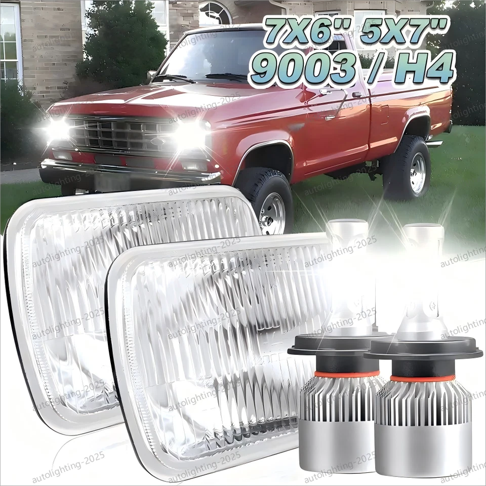 Par de faros LED cuadrados de vidrio alto/bajo B para Ford Ranger 1983-1988 7X6" pulgadas Foto 1 de 4