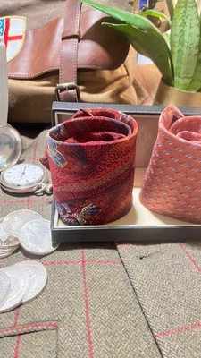 MEETING STREET 100% SILK TIE BURGUNDY, BLUE & SILVER GEOMETRIC  59”X 4" HANDMADE - Image 1 of 4