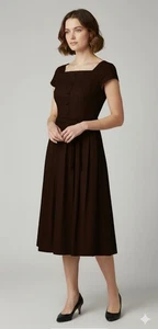 Talbots Square Neck Pleated Maxi Dress 16 Brown Belted Modest Secretary Work Vtg - Picture 1 of 13
