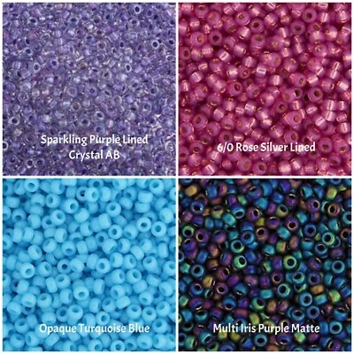 Miyuki 6/0 Seed Beads, Rose, Turquoise, Iris Matte, Purple Crystal AB In 10g Bag - Image 1 of 4