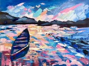 Oil painting ORIGINAL art Boat seascape ocean marine artwork lake sunrise 12x16" - Picture 1 of 8