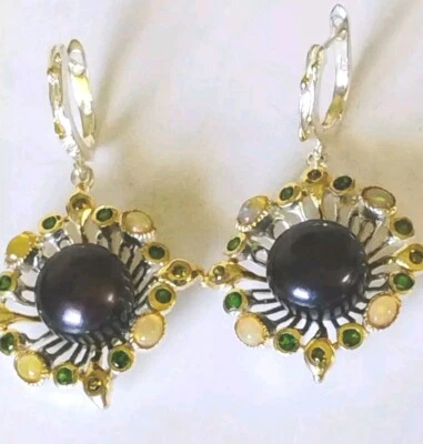 Black Tahitiancolor Pearl, Diopside,Opal dangle Earrings 925 Sterling Gold plate - Image 1 of 4