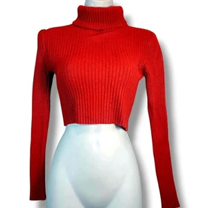 LOVE TREE Rollkragen Crop Pullover klein rostrot dehnbar Rippstrick körperbetont - Bild 1 von 14