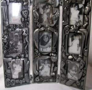 Pewter Photo Frames Tri Fold Hinged Holds 9 Photos for Years 1-9, Freestanding - Picture 1 of 2