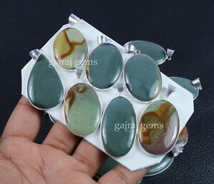 50 Pieces Natural Green Polychrome Jasper Gemstone Silver Plated Pendant Jewelry