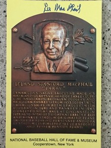 LEE MACPHAIL AUTOGRAPHED LARRY MACPHAIL (FATHER) HALL OF FAME PLAQUE CARD 