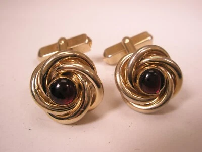 Knots Gold Tone & Red Cabochon Vintage SWANK Cuff Links - Image 1 of 4