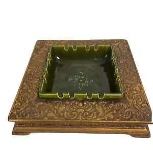 Rare VTG Wright 8" Ornate Ceramic Ashtray Green & Gold Mid Century Modern - Picture 1 of 12