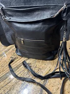new Borse in Pelle Genuine Leather Crossbody Purse Bag 12x12 Italy Black Tassle - Picture 1 of 11