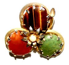 Golden Floral Brooch with 3 Semi Precious Stones and Pearl Centerpiece Vintage 