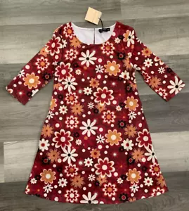 Smak Parlour Unique Vintage 60s Brick Mustard Retro Floral Cosmic Shift Dress, S - Picture 1 of 5