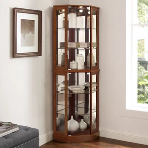 Lighted Wooden Curio Corner Display Cabinet w/Adjustable Tempered Glass Shelves - Picture 1 of 24