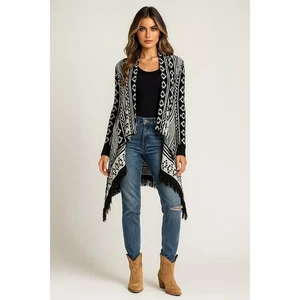 Cardigan Maddison donna L nero bianco aperto geometrico frange azteche ciao spolverino basso - Foto 1 di 11