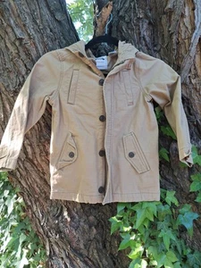 Gymboree Boys Hooded Jacket Barn Coat Canvas Size M 8 Khaki Tan Button Zip - Picture 1 of 6