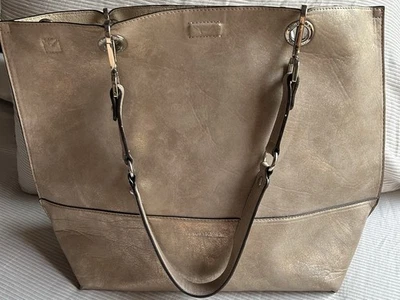 Calvin Klein Faux Leather Marbled Metallic Gold Silver Dust Beige Large Tote Bag - Image 1 of 4