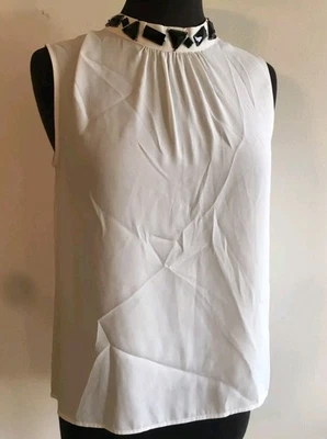 Esprit Designer Off White Designer Black Rhinestones Beads Polo Neck Top Sz 10 - Image 1 of 4