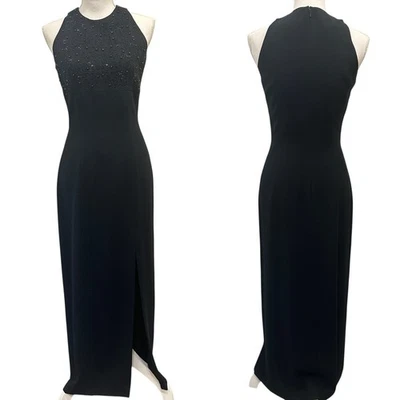 Vintage 1990s Ann Tjian Kenar Black Beaded Halter Evening Gown Formal Cocktail - Image 1 of 4