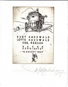 WALTER HELFENBEIN: Vermählungsanzeige von Kurt + Lotte Hauswald, 1927, Kutsche - Picture 1 of 1