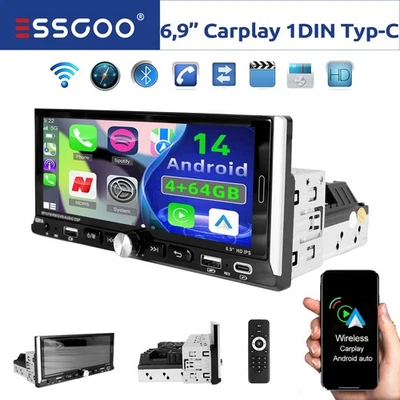 4+64G Apple Carplay 1DIN Android 14 Autoradio Mit Bluetooth GPS Nav RDS WIFI SWC - Bild 1 von 4