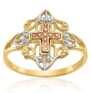 14K Solid Two Tone Gold Cross Ring - Picture 1 of 9