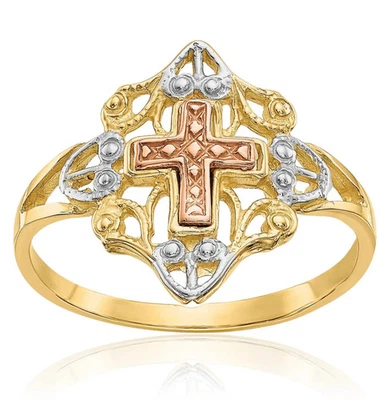 14K Solid Two Tone Gold Cross Ring - Image 1 of 4
