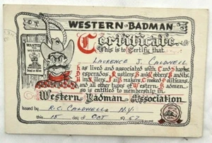 Antike Western Badman Association Zertifikat Cowboy lustige Postkarte 50er Jahre   - Bild 1 von 2