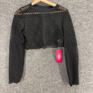 New SheIn Cropped Top Women L Large Black Crochet Long Sleeve Crew Neck Casual - Picture 1 of 9
