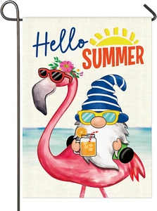 Garden Flag Gnome Ride on Flamingo Tropical Summer Outdoor Yard Flags for Garden - Picture 1 of 6