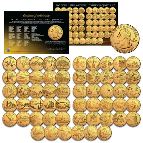 1999-2009 COMPLETE SET of ALL 56 Statehood U.S. Quarters 24K GOLD PLATED Coins Cover