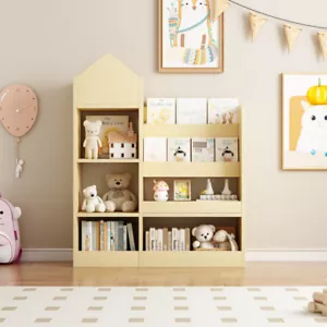 Kids Wooden Bookshelf Toy Storage Organizer, 6 Compartments and 2 Baskets Bins - Picture 1 of 11
