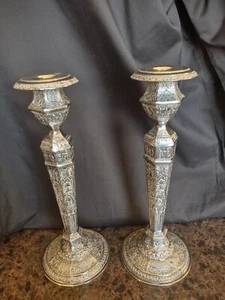 Pair 19th C. Derby Silver Plate 11.75" Candlesticks, Embossed Decoration, #2547 - Picture 1 of 11