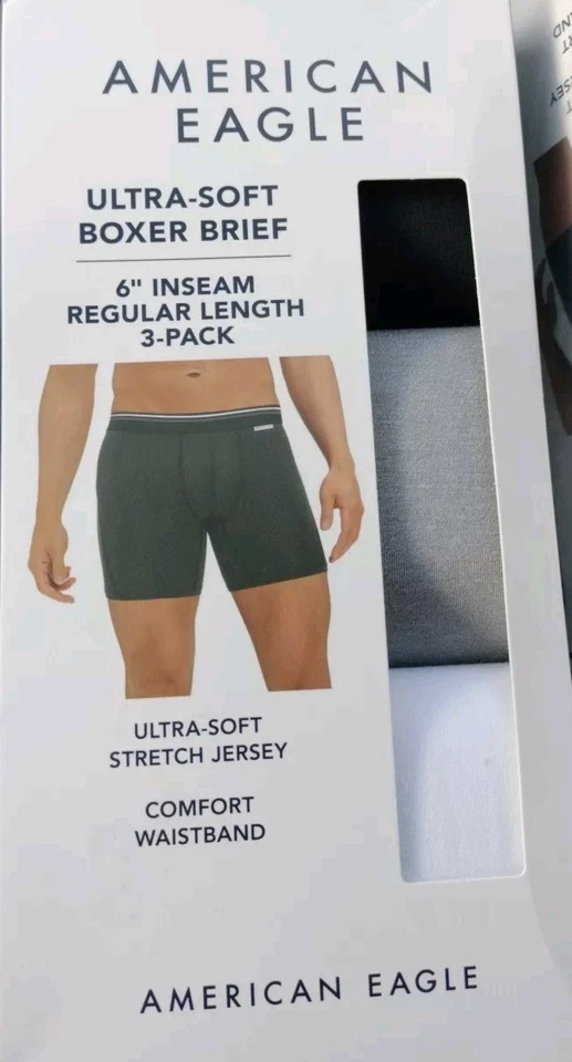 PACK DE 3 CALZONCILLOS BOXER AMERICAN EAGLE ULTRA SUAVES 6" NEGRO BLANCO GRIS TALLA PEQUEÑA Foto 1 de 4