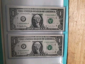 1995 Year Fancy Serial Number $1 Bill Consecutive Uncirculate F90003683 90003684 - Picture 1 of 4