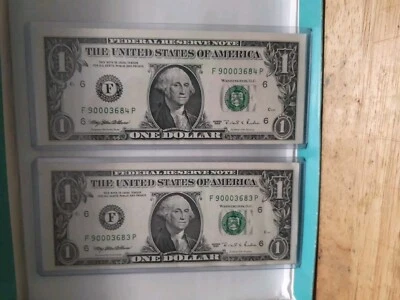 1995 Year Fancy Serial Number $1 Bill Consecutive Uncirculate F90003683 90003684 - Image 1 of 4