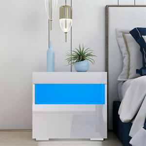 Modern High Gloss Nightstand with Drawer +LED Light Bedside Table White/Black