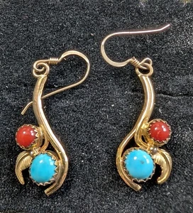 Indianer Navajo Sterlingsilber Gold Filled Türkis. & Koralle Ohrringe Schild - Bild 1 von 2