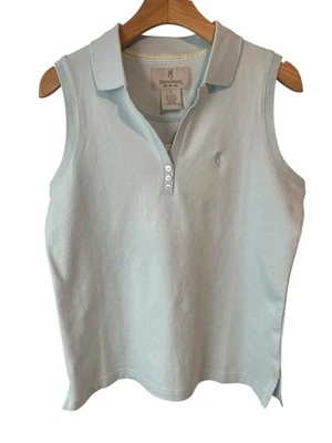 Camisa regata feminina Browning sem mangas azul média gola V gola alta com botão nova com etiquetas - Imagem 1 de 4