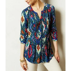 Anthropologie Maeve Topoxte Geometric Button front Tie Waist Blouse Sz 2 Read - Picture 1 of 13