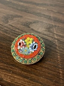Made In Italy Vintage round floral flower micro mosaic brooch pin - Picture 1 of 6