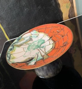 1963 Artist Signed Mid Century Modern Orange Enamel on Copper Compote Pedestal - Picture 1 of 10