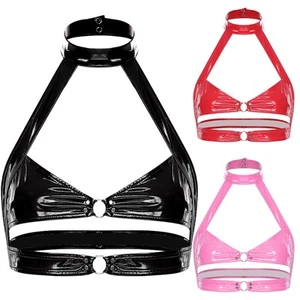 Women's Halter Backless Crop Tops Glossy Wet Look Lingerie Tanks Party Clubwear - Picture 1 of 39