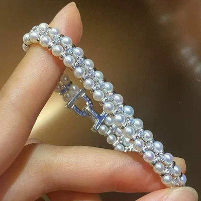 Double row  AAAA 4-5mm Natural South Sea roound white Pearl  Bracelet  S925 - Image 1 of 4