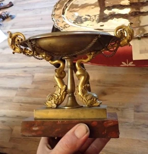 antiker vergoldeter Gold Bronze Tazza Marmorsockel Akanthusblätter Delfine Sockel - Bild 1 von 6